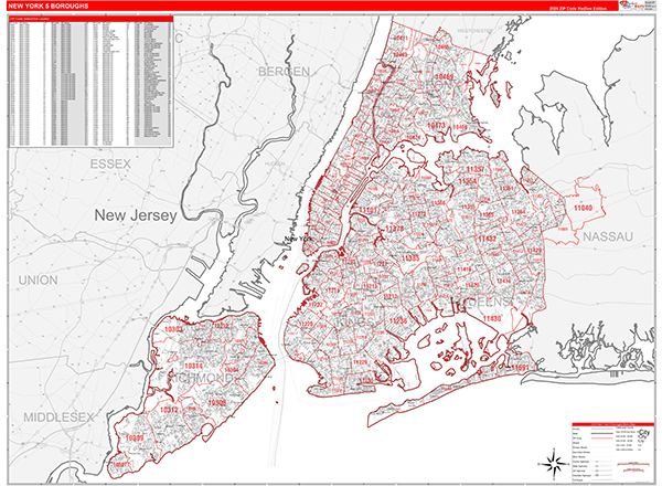 New York 5 Boroughs Metro Area Digital Map Red Line Style